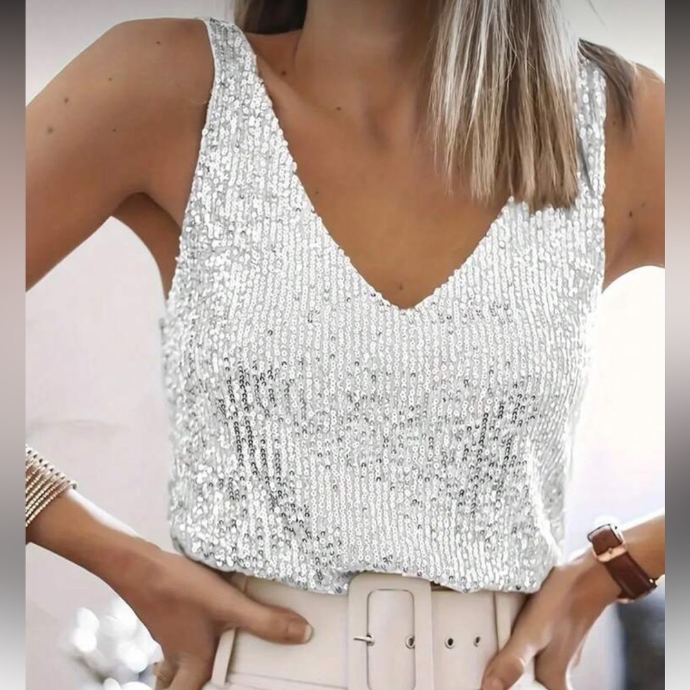 Plus Size Luxe Sequin V-Neck Tank Top Blouse Shirt White